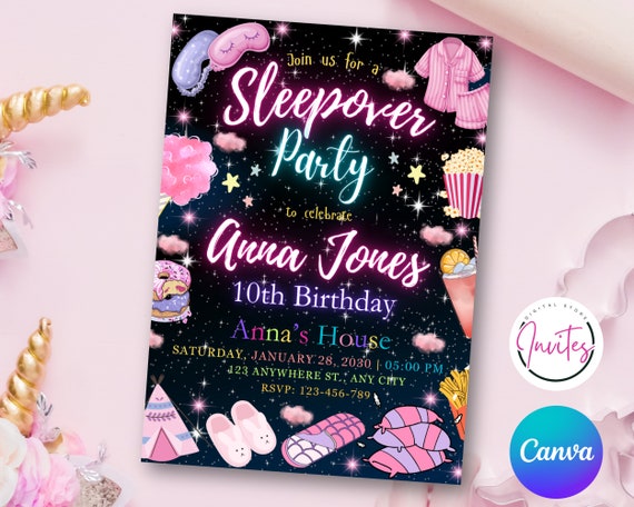 Sleepover Birthday Invitation, Printable Sleepover Invite, Slumber Party, Pajama Party, Retro Neon Light Editable Template, Instant Download