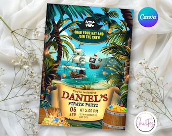 May include: A pirate-themed party invitation with a cartoon pirate ship sailing on a blue ocean. The invitation has a brown wooden barrel with gold coins and jewels, palm trees, and the text "Grab your hat and join the crew". The invitation is for Daniel's Pirate Party on September 6th at 5:00 PM.