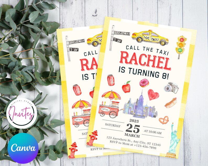May include: Two invitations with a yellow taxi theme. The invitations read "Call the Taxi, Rachel is turning 8!" and include illustrations of a taxi, traffic light, and New York City landmarks. The date is March 25, 2025.