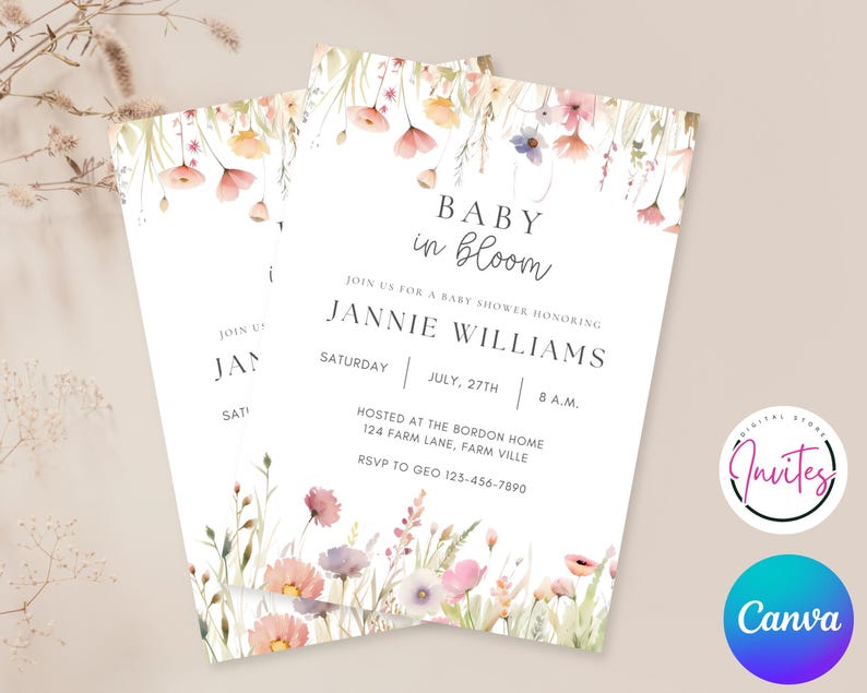Spring Invitations Bloom Editable Baby in Bloom Baby Shower Invitation, Wildflower Baby Shower ...