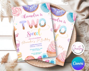 Two Sweet Birthday Invitation, 2nd Birthday Girl Invite, Two Sweet Invitation, Dessert Invite, Candy Sweets Donut, Canva Template