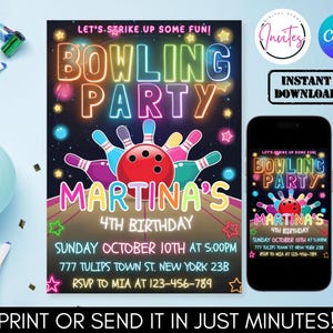 Editable Bowling Birthday Invitation, Glow Bowling Invitation, Bowling Invitation, Glow Invitation, Strike Up Some Fun, Instant Download