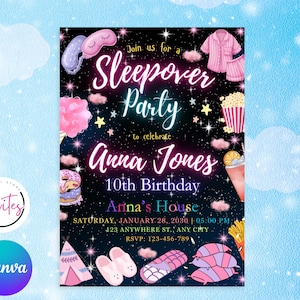 May include: A digital invitation for a sleepover party, featuring a starry night sky background. The invitation includes the text "Sleepover Party" and details for Anna Jones' 10th birthday, with illustrations of pajamas, popcorn, and other sleepover-themed items.
