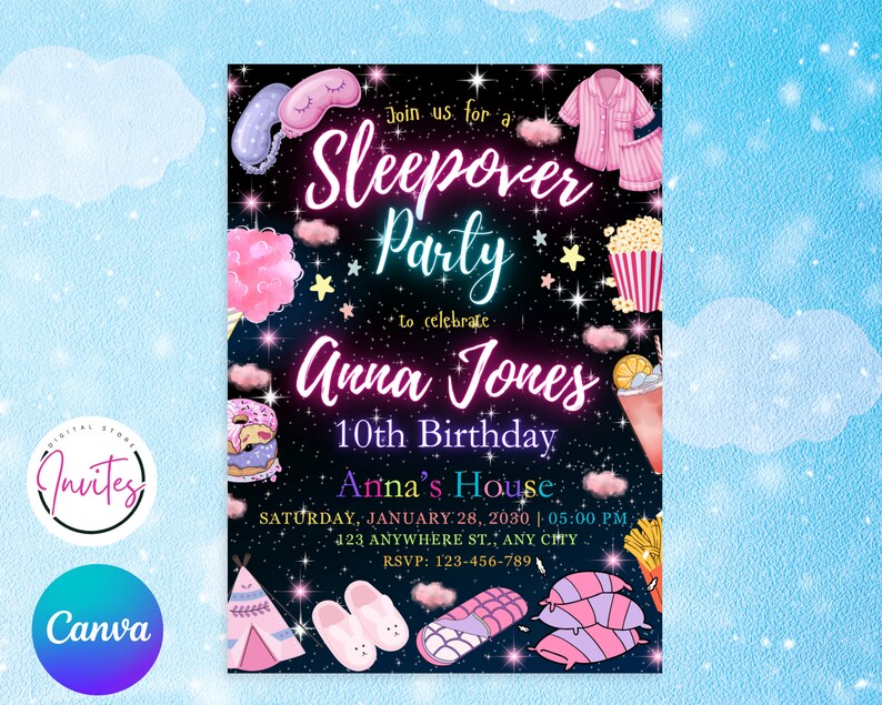 May include: A digital invitation for a sleepover party, featuring a starry night sky background. The invitation includes the text "Sleepover Party" and details for Anna Jones' 10th birthday, with illustrations of pajamas, popcorn, and other sleepover-themed items.