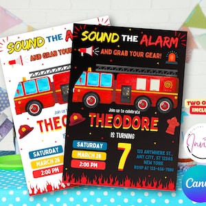Editable Firetruck Invitation, Fire truck Birthday Invitation, Firetruck Invitation, Fire truck invitation, Fire truck Birthday Party, Canva
