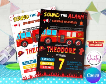 Editable Firetruck Invitation, Fire truck Birthday Invitation, Firetruck Invitation, Fire truck invitation, Fire truck Birthday Party, Canva
