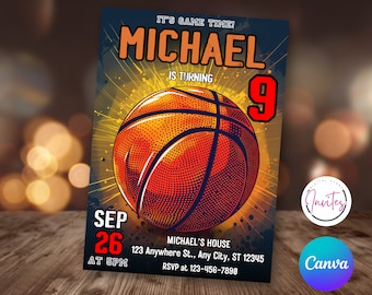May include: A basketball-themed birthday invitation for a boy turning nine. The invitation features a large orange basketball with black lines and a white background. The text "It's Game Time!" is at the top of the invitation, followed by the name "Michael" in large, bold letters. The number "9" is in red and is larger than the other text. The invitation also includes the date "Sep 26" and the time "At 5pm".