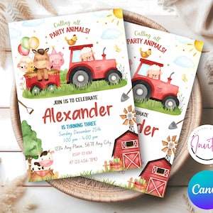 May include: Two farm-themed birthday party invitations. The invitations feature a red tractor with animal passengers, a barn, and a windmill. The text reads "Calling all PARTY ANIMALS!" and "JOIN US TO CELEBRATE Alexander IS TURNING THREE".