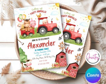 Farm Birthday Invitation, Farm Animals Party Invites, Barnyard Animals Ranch Kids Birthday Invitation, 5x7 Canva Instant Download