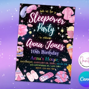 May include: A digital sleepover party invitation with a starry night background. The invitation features the text "Sleepover Party" and "Anna Jones 10th Birthday". Decorative elements include a pink pajama set, popcorn, and a donut.