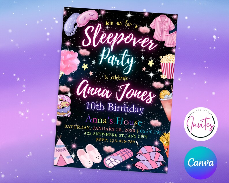 May include: A digital sleepover party invitation with a starry night background. The invitation features the text "Sleepover Party" and "Anna Jones 10th Birthday". Decorative elements include a pink pajama set, popcorn, and a donut.