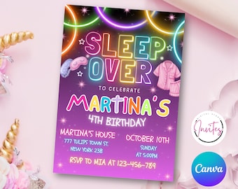 Editable Sleepover Birthday Invitation, Printable Sleepover Invite, Slumber Party, Pajama Party, Retro Neon Light Template, Instant Download