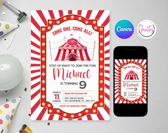 Carnival Birthday Invitation, Circus Birthday Invitation, Carnival Invitation, Birthday Carnival circus, Editable Template, Canva Template