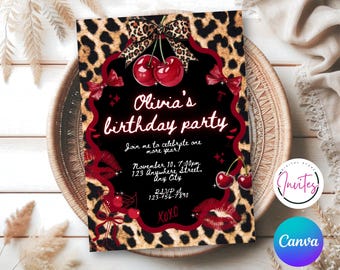 Editable Cheetah Print Birthday Invitation, Black Bow Coquette Party Printable Invite, Cheetah Print, Canva Template, Instant Download