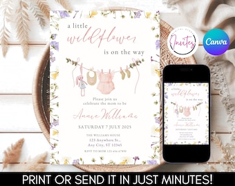 Editable A Little Wildflower Baby Shower Invitation, Baby in Bloom Baby Shower Invite, Spring Flowers Baby Shower Invite