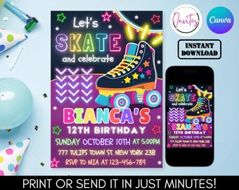 Pode incluir: Convite de aniversário rosa neon, azul, verde e amarelo com um gráfico de patins. O texto diz "Let's Skate and Celebrate Bianca's 12th Birthday". O convite inclui a data, a hora e o local da festa.