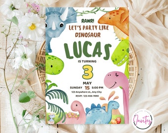 Editable Dinosaur Birthday Party Invitation Template, Dinosaur Birthday Invitation, Three Rex Invitation, Dinosaur Invitation, Three-Rex