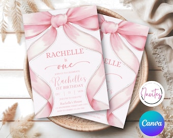 Invitación de cumpleaños editable con lazo rosa coqueto, invitación de cumpleaños con lazo rosa, invitación de cumpleaños con lazo, invitación con lazo rosa coqueto