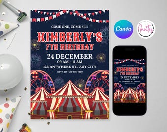 Carnival Birthday Invitation, Circus Birthday Invitation, Carnival Invitation, Birthday Carnival circus, Editable Template, Canva Template