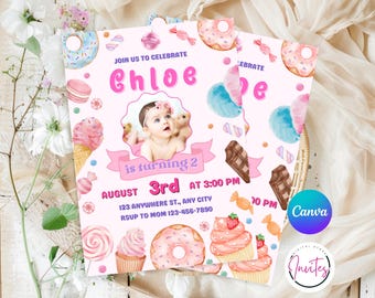 Editable Sweet Celebration Birthday Invitation, Candy Land Invitation, Candy Birthday Party Invitation, Candyland, Printable Canva Template