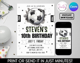 Editable Soccer Birthday Invitation Template, Printable Birthday Party Invitations, Digital Kids Party Invite, 5x7, Canva Editable Template