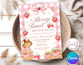 Editable Strawberry Baby Shower Invitation Template, Strawberry Baby Shower Invite, Pink Baby Shower Invitation, Canva Template