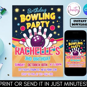 Editable Bowling Birthday Invitation, Glow Bowling Invitation, Bowling Invitation, Glow Invitation, Strike Up Some Fun, Instant Download