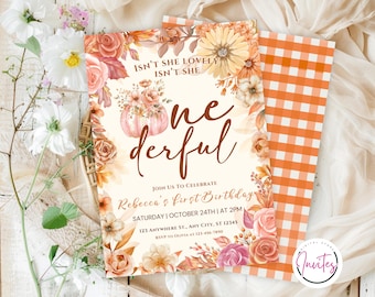 Editable Our little Pumpkin Is Turning One Invitation, Pink Pumpkin First Birthday Invitation, Girl Fall Birthday Party, Canva Template