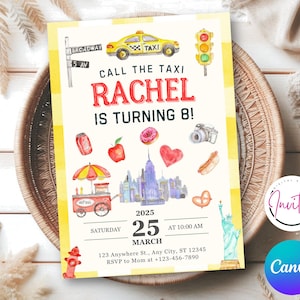 May include: A yellow and white invitation card with watercolor illustrations of New York City landmarks and icons. The card reads "Call the Taxi, Rachel is turning 8!" and includes the date, time, and location of the event.
