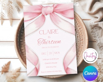Invitación de cumpleaños editable con lazo rosa coqueto, invitación de cumpleaños con lazo rosa, invitación de cumpleaños con lazo, invitación con lazo rosa coqueto