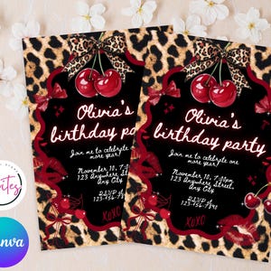 Invitación de cumpleaños editable con estampado de guepardo, invitación imprimible para fiesta Coquette con lazo negro, estampado de guepardo, plantilla de Canva, descarga instantánea. imagen 3