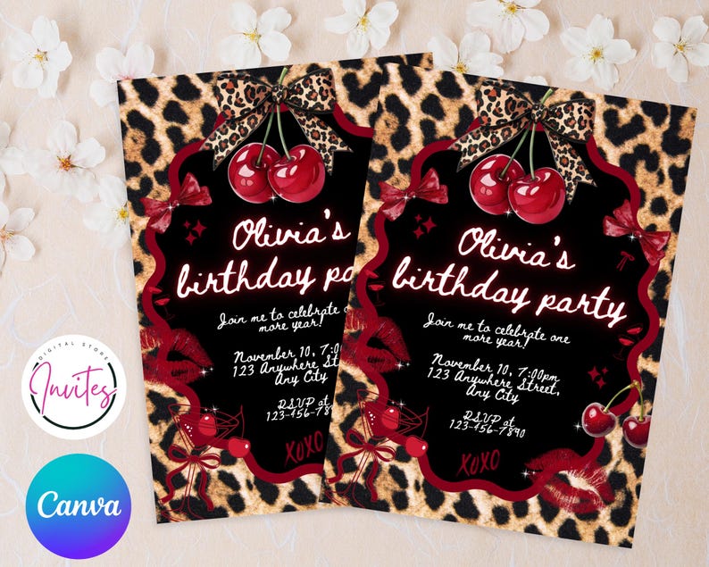 Invitación de cumpleaños editable con estampado de guepardo, invitación imprimible para fiesta Coquette con lazo negro, estampado de guepardo, plantilla de Canva, descarga instantánea. imagen 3