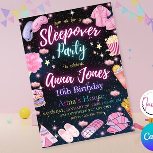 May include: A digital invitation for a sleepover party, featuring a starry night sky background. The invitation includes the text "Sleepover Party" and details for Anna Jones' 10th birthday. Decorative elements include pajamas, popcorn, and a dream catcher.