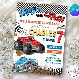 Editable Boy Birthday Invitation, Monster Truck Birthday Invite, Canva Edit, Boys Trucks Birthday,  Editable template, Instant Download