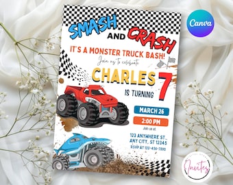 Editable Boy Birthday Invitation, Monster Truck Birthday Invite, Canva Edit, Boys Trucks Birthday,  Editable template, Instant Download