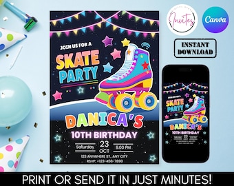 Pode incluir: Um convite vibrante para uma festa de patinação, com um gráfico colorido de patins. O design inclui o texto "SKATE PARTY" e detalhes para o 10º aniversário de Danica, com um design correspondente exibido em um smartphone.