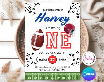 Editable Football Birthday Invitation, First Year Down, Football Birthday, First Birthday Invite, Boy 1st Birthday, Game On, Canva Template