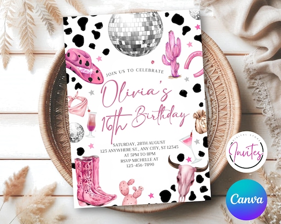 Editable Space Cowgirl Birthday Party Invitation Pink Disco Cowgirl Party Nashville Rodeo Birthday Party Any Age Party Instant Download