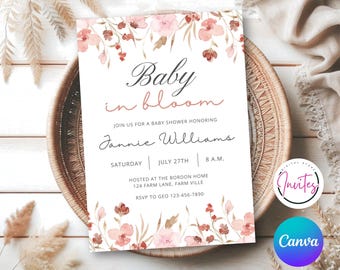 Editable Baby in Bloom Baby Shower Invitation, Wildflower Baby Shower Invite, Pink Spring Flowers Baby Shower Invitation, Canva Template