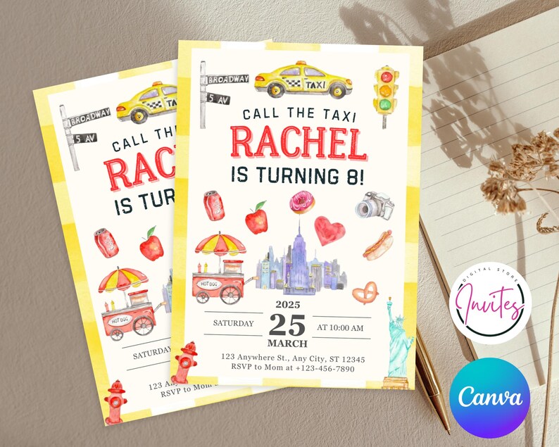 May include: Two birthday party invitations with a New York City theme. The invitations feature a yellow taxi, the text "Call the Taxi, Rachel is turning 8!", and illustrations of city landmarks and food items.