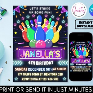 Editable Bowling Birthday Invitation, Glow Bowling Invitation, Bowling Invitation, Glow Invitation, Strike Up Some Fun, Instant Download
