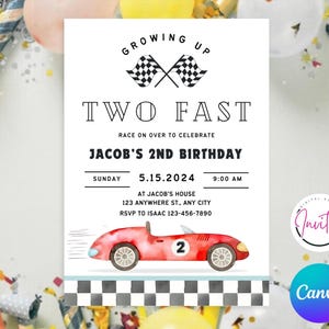 May include: A red and white racing-themed birthday invitation for a 2nd birthday party. The invitation features a red race car with a checkered flag background and the text "Growing Up Two Fast Jacob's 2nd Birthday".
