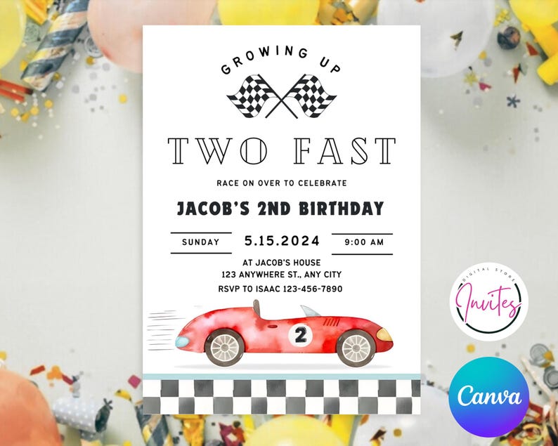 May include: A red and white racing-themed birthday invitation for a 2nd birthday party. The invitation features a red race car with a checkered flag background and the text "Growing Up Two Fast Jacob's 2nd Birthday".