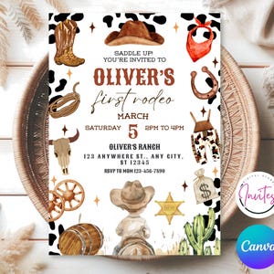 First Rodeo Invitation Template, Wild West Birthday Invite, Boy Cowboy Birthday Invitation, My 1st Rodeo Invitation, 5x7 Canva Editable