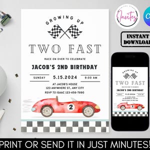 May include: A printable birthday party invitation for a 2-year-old boy. The invitation features a red race car with a chequered flag background and the text "Growing Up Two Fast, Jacob's 2nd Birthday".