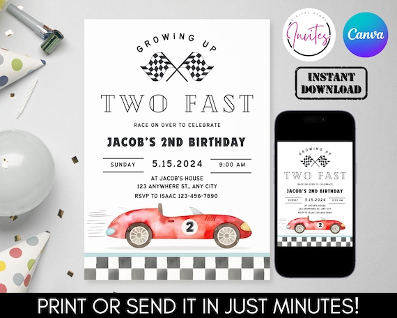 Editable Race Car 2nd Birthday Invite Electronic TWO Fast Birthday Invitation Racing Car Vintage Racecar Printable Template Instant Download