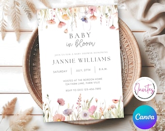 Invitación editable para baby shower con flores silvestres, flores primaverales rosas y plantilla de Canva.