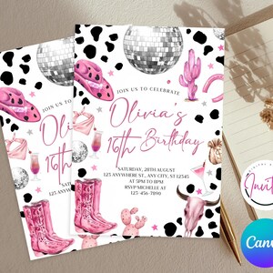 May include: Two invitations for Olivia's 16th birthday, featuring a pink and black cowgirl theme. The design includes a disco ball, cowboy boots, a cactus, and the text "Join us to celebrate Olivia's 16th Birthday".