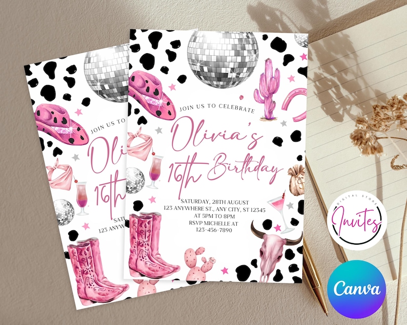 May include: Two invitations for Olivia's 16th birthday, featuring a pink and black cowgirl theme. The design includes a disco ball, cowboy boots, a cactus, and the text "Join us to celebrate Olivia's 16th Birthday".