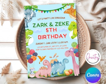 Dinosaur Birthday Invitation, Sibling Dinosaur Birthday Invitation Template, EDITABLE Dinosaur Birthday Invite,Boy Dinosaur, Printable